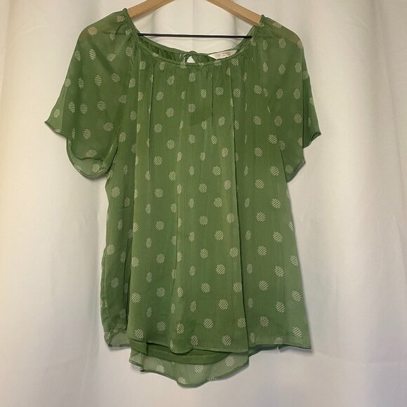 LC Lauren Conrad Green Polka Dot Womens L Blouse Flowy Sheer Chiffon Boho EUC - Picture 1 of 8